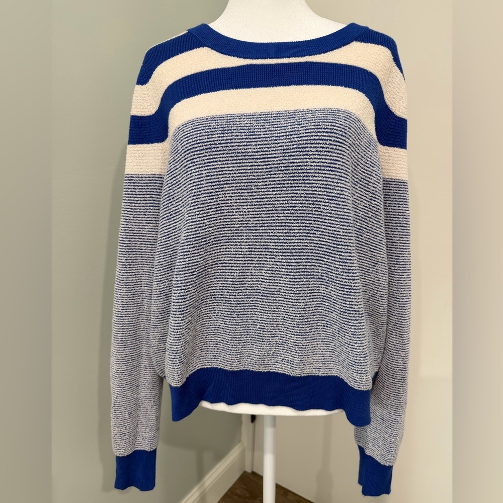 Maeve By Anthropologie Paulina Striped Sweater X-Large Blue Textured Knit Preppy
